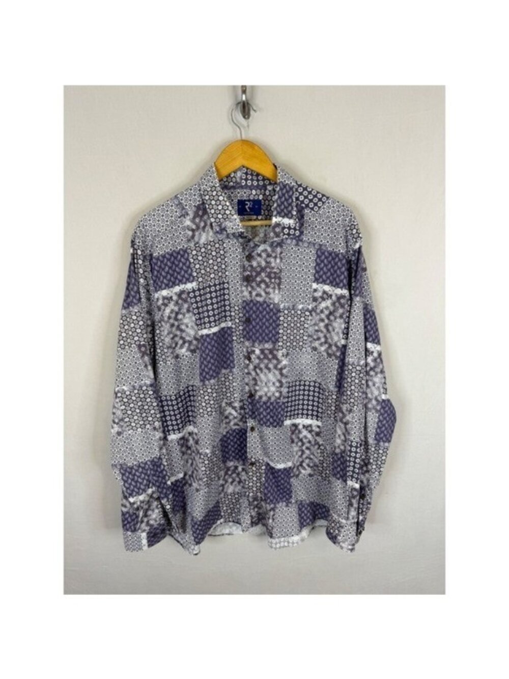 R2 Amsterdam Mens Modern Fit Patchwork Paisley Cotton Shirt Purple White 48 19in